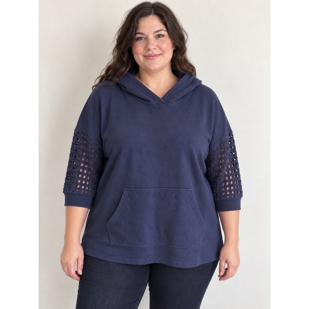 Lane Bryant Navy Blue Hoodie Sweater Crochet Knit Sleeves Plus Size 18/20 2X
